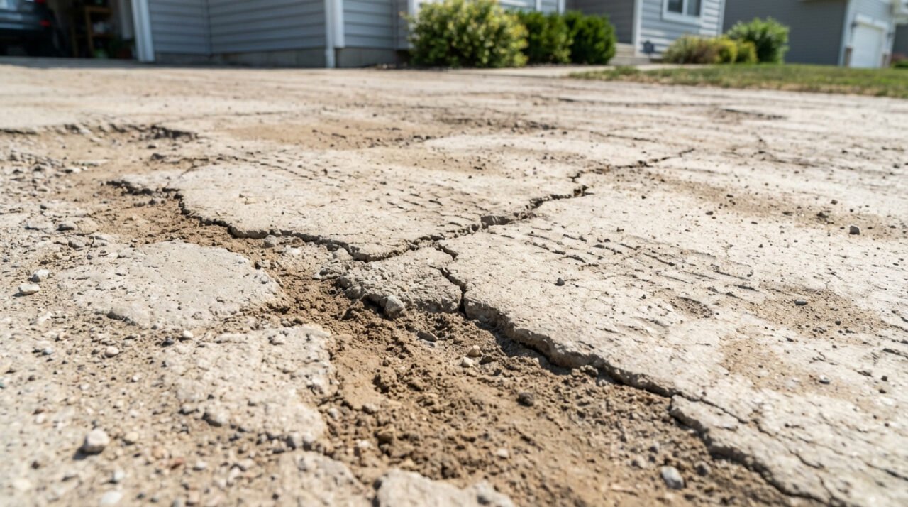Gros plan sur une allée en sable stabilisé fortement fissurée et érodée, montrant des dommages importants et des traces de pneus. Des maisons sont floues en arrière-plan.