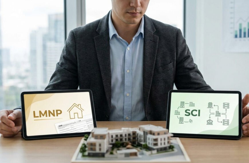 Un homme d'affaires présente deux tablettes affichant les options LMNP et SCI avec une maquette immobilière sur son bureau.