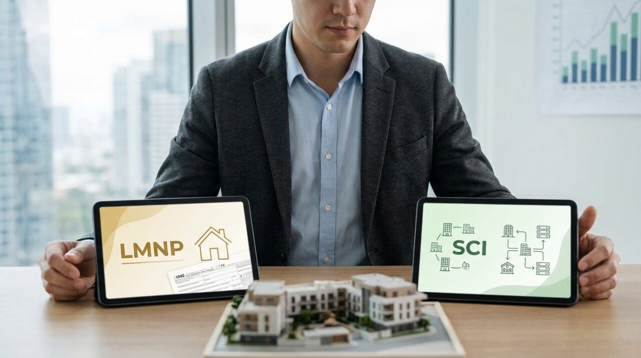 Un homme d'affaires présente deux tablettes affichant les options LMNP et SCI avec une maquette immobilière sur son bureau.