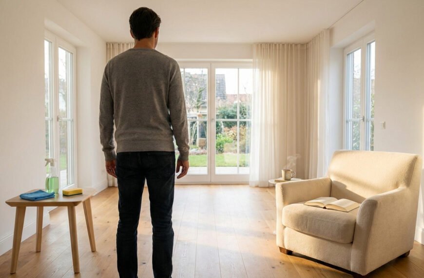 Un homme debout au milieu d'un salon lumineux et propre, avec du matériel de nettoyage sur une table basse.