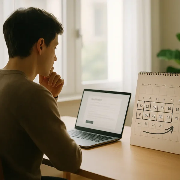 Une personne est assise à un bureau et utilise un ordinateur portable. Un calendrier affichant une flèche sur plusieurs dates est placé à proximité.
