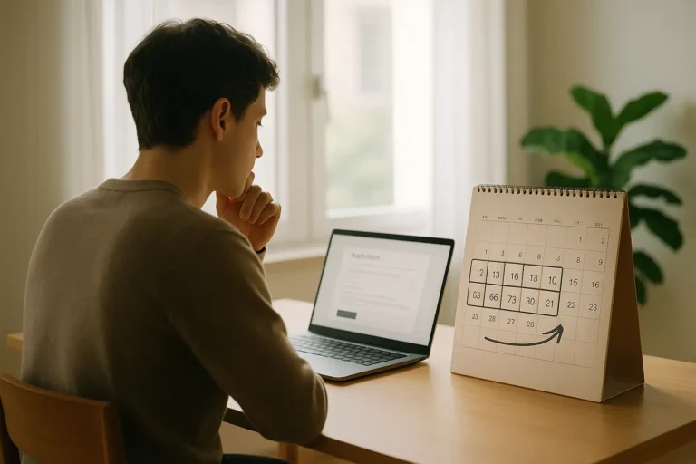 Une personne est assise à un bureau et utilise un ordinateur portable. Un calendrier affichant une flèche sur plusieurs dates est placé à proximité.