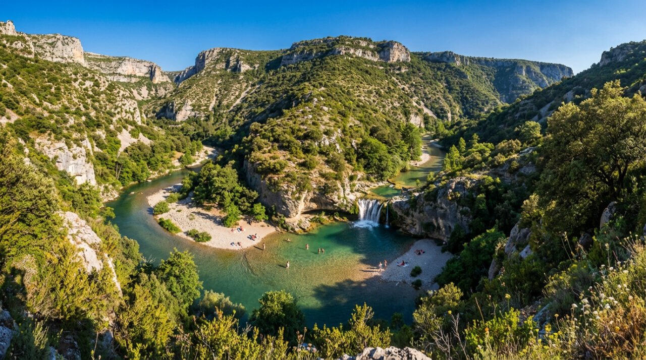 Vue aérienne d'un canyon verdoyant avec une rivière turquoise, une cascade et des baigneurs sur les plages ensoleillées.