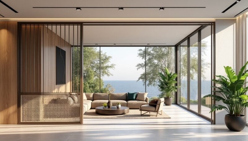 Salon moderne avec de grandes baies vitrées, des meubles neutres, des plantes d'intérieur et une vue sur les arbres et l'océan à l'extérieur.