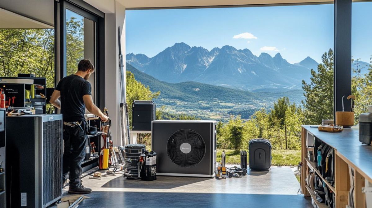 Un homme travaille dans un garage ou un atelier moderne et ouvert avec des outils et du matériel, donnant sur un paysage de montagne pittoresque à travers de grandes portes vitrées.