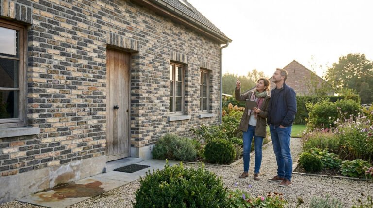 A couple inspects a textured clinker house. The woman points while holding a tablet, the man looks on. Signs of age on the brick facade.