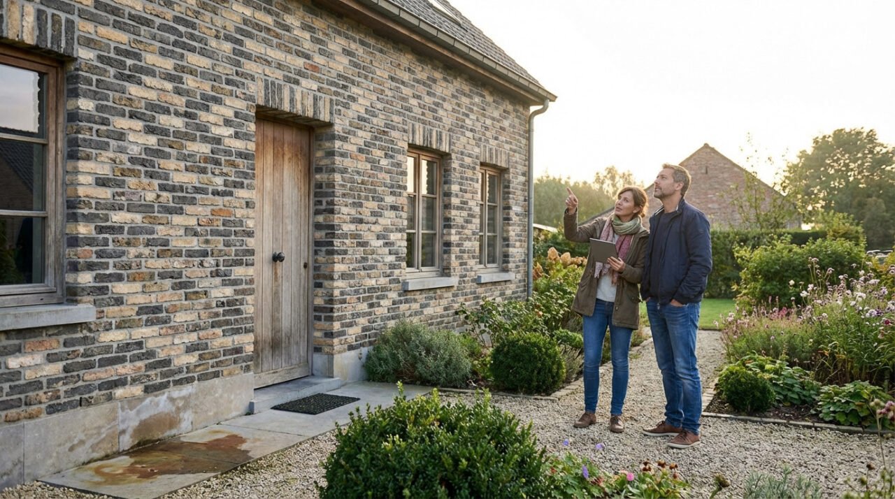 A couple inspects a textured clinker house. The woman points while holding a tablet, the man looks on. Signs of age on the brick facade.