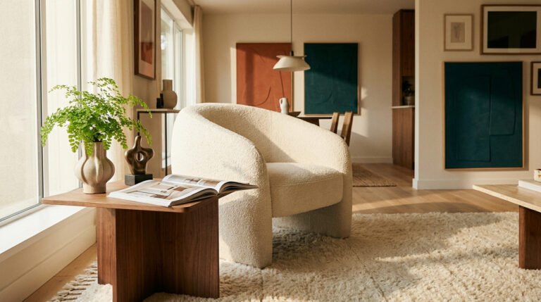 Un fauteuil crème en bouclette près d'une table en bois dans un salon baigné de lumière naturelle.