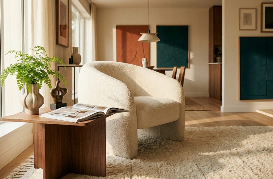Un fauteuil crème en bouclette près d'une table en bois dans un salon baigné de lumière naturelle.