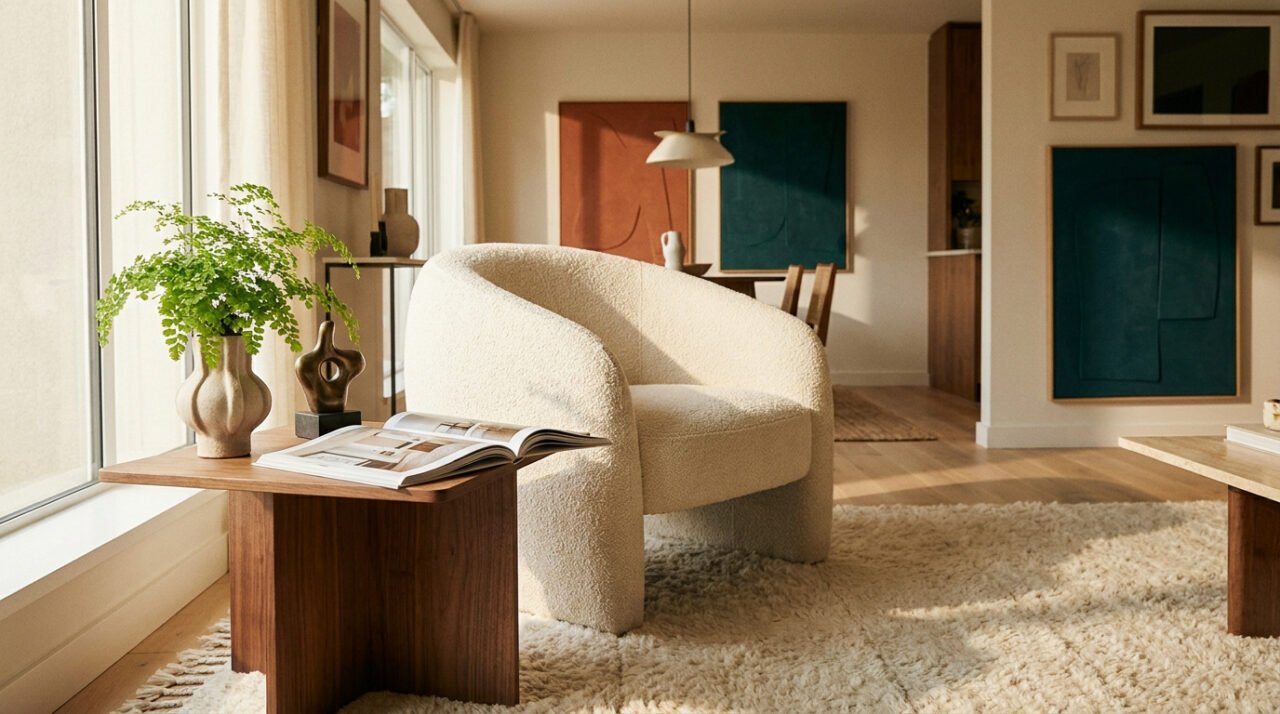 Un fauteuil crème en bouclette près d'une table en bois dans un salon baigné de lumière naturelle.