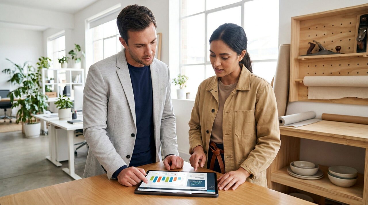 Un homme et une femme analysent des graphiques de performance sur une tablette dans un atelier artisanal moderne.