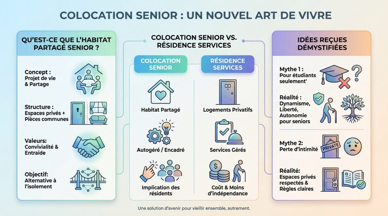 Groupe de seniors partageant un moment convivial dans le salon d'une colocation