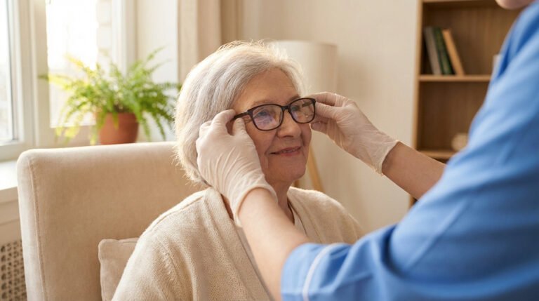 Senior woman with silver hair smiles as a professional in gloves gently adjusts her dark-framed eyeglasses in a sunlit home. Personalized care.