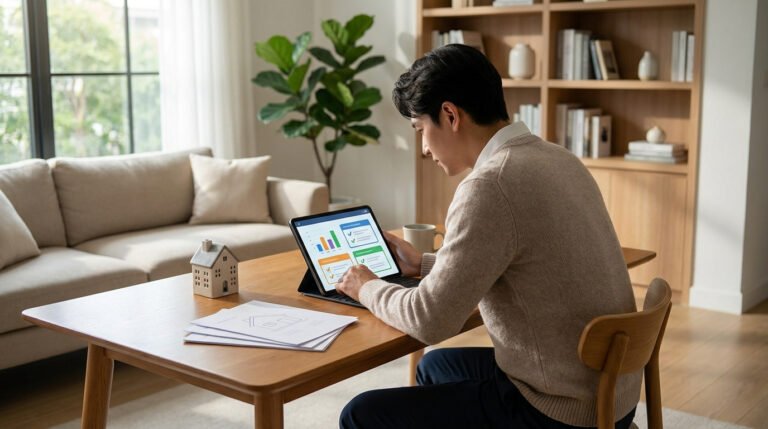 Un homme compare des devis d'assurance habitation sur une tablette dans son salon. Une maquette de maison et des documents sont sur la table.