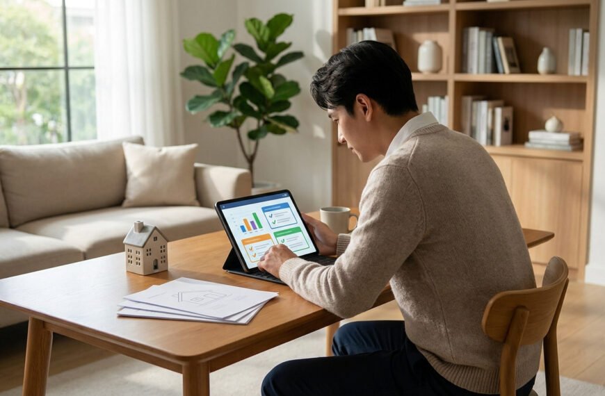 Un homme compare des devis d'assurance habitation sur une tablette dans son salon. Une maquette de maison et des documents sont sur la table.