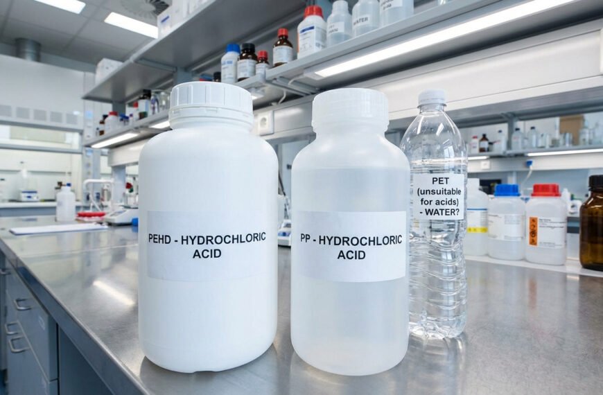 Bouteilles de PEHD, PP (acide chlorhydrique) et PET (eau, inadapté aux acides) dans un laboratoire, test de contenants sûrs.