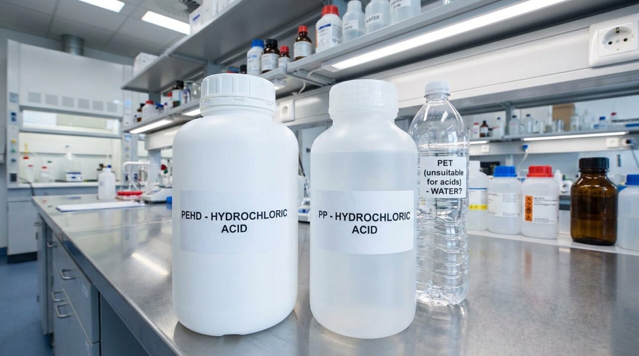 Bouteilles de PEHD, PP (acide chlorhydrique) et PET (eau, inadapté aux acides) dans un laboratoire, test de contenants sûrs.