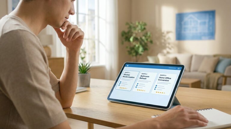 Homme réfléchissant devant une tablette affichant des devis pour des projets de rénovation de cuisine, salle de bain et bureau.