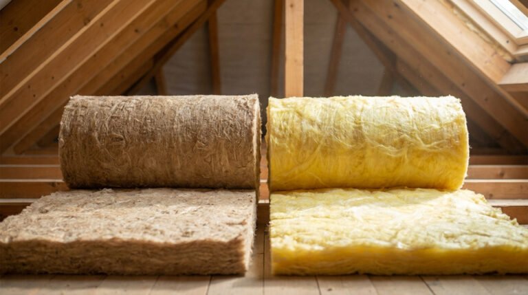 Rouleaux d'isolant biosourcé brun et de laine de verre jaune dans des combles en bois.