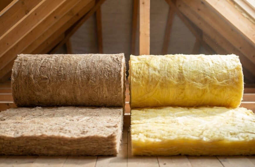 Rouleaux d'isolant biosourcé brun et de laine de verre jaune dans des combles en bois.