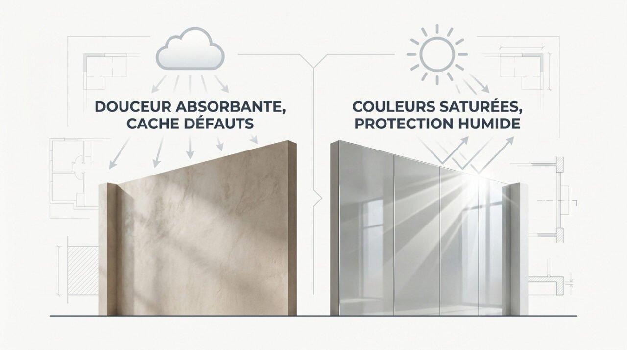 Comparaison visuelle entre un enduit décoratif à finition mate et une finition brillante sur un mur texturé