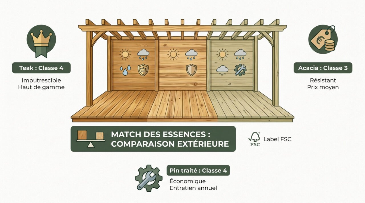 Comparatif des essences de bois teck acacia et pin pour mobilier de jardin