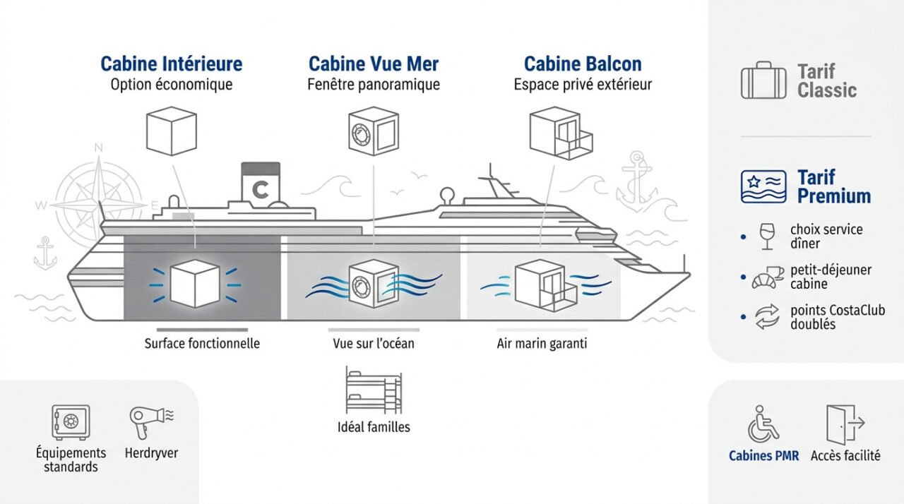 Comparatif des cabines intérieures, vue mer et balcon sur le Costa Fortuna