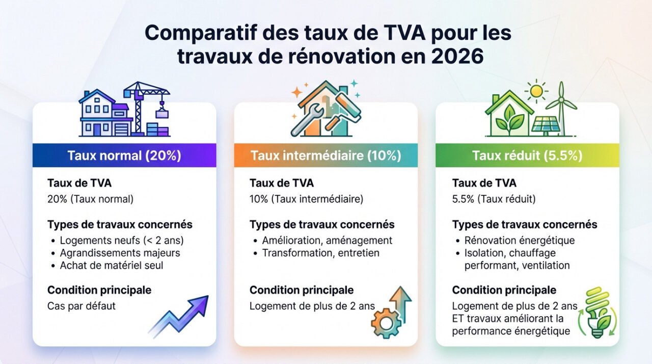Graphique illustrant les différents taux de TVA pour la rénovation : 20%, 10% et 5.5%