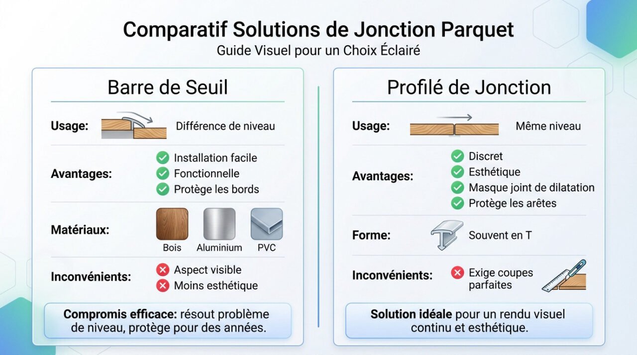 Tableau comparatif des solutions de jonction pour parquet : barre de seuil vs profilé