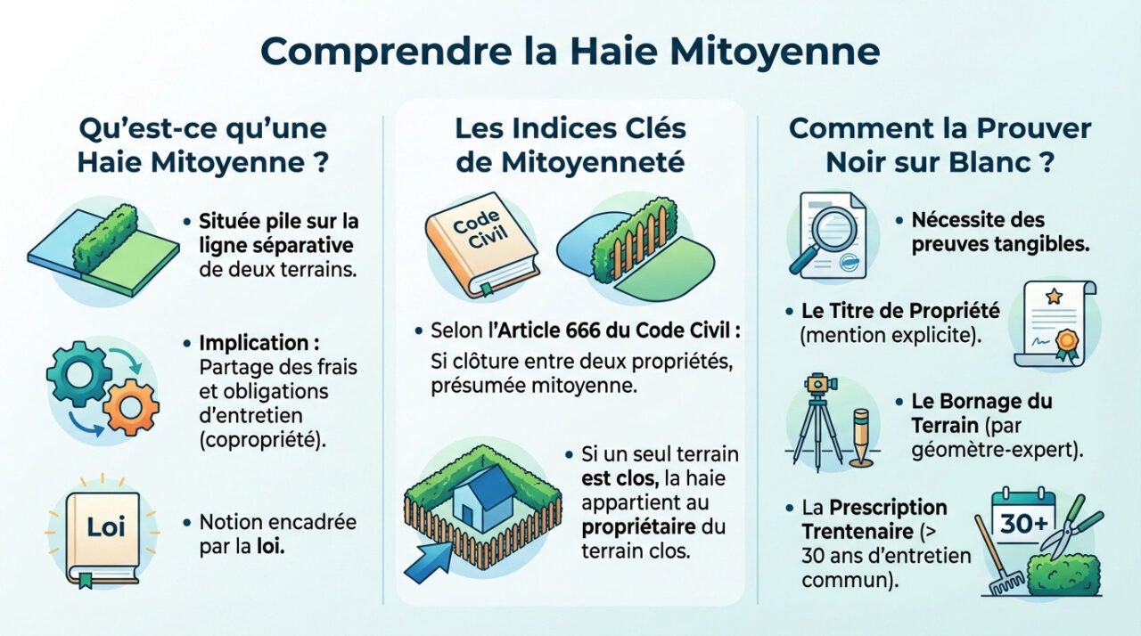 Schéma explicatif montrant la différence entre une haie mitoyenne sur la ligne séparative et une haie privative