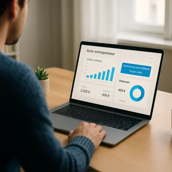 Un homme est assis à un bureau et utilise un ordinateur portable qui affiche un tableau de bord financier avec des graphiques, des diagrammes et des chiffres libellés en français.