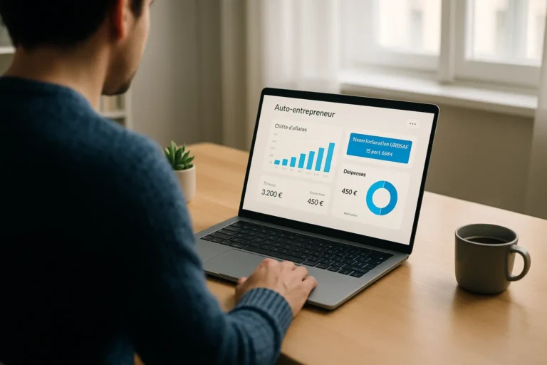 Un homme est assis à un bureau et utilise un ordinateur portable qui affiche un tableau de bord financier avec des graphiques, des diagrammes et des chiffres libellés en français.
