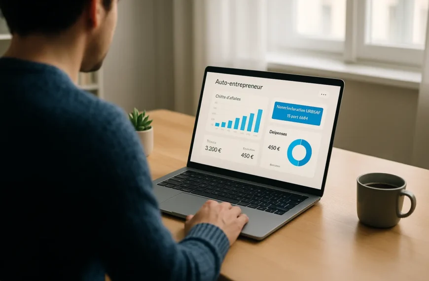 Un homme est assis à un bureau et utilise un ordinateur portable qui affiche un tableau de bord financier avec des graphiques, des diagrammes et des chiffres libellés en français.