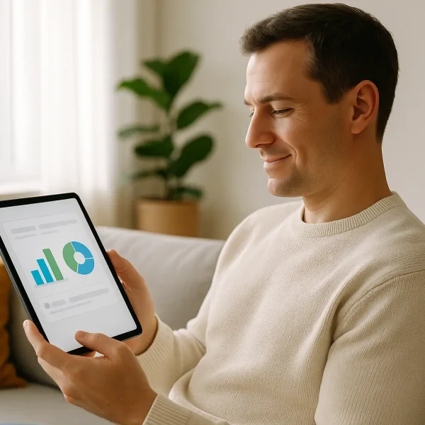Un homme est assis sur un canapé et tient une tablette sur laquelle s'affichent des diagrammes à barres et des diagrammes circulaires.
