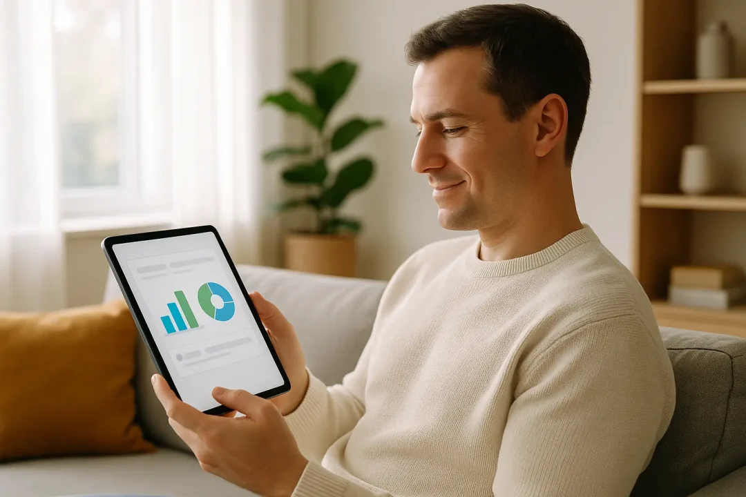 Un homme est assis sur un canapé et tient une tablette sur laquelle s'affichent des diagrammes à barres et des diagrammes circulaires.