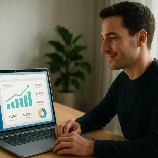 Un homme est assis à un bureau et utilise un ordinateur portable affichant des tableaux, des graphiques et des données financières ; une plante et une fenêtre se trouvent à l'arrière plan.