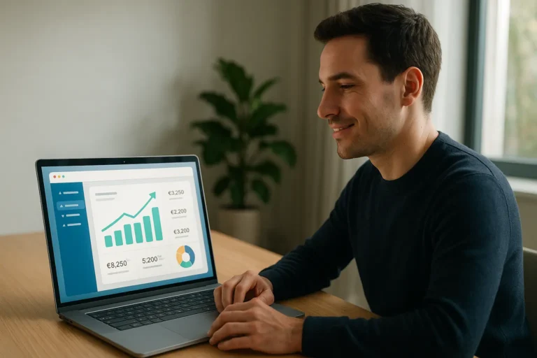 Un homme est assis à un bureau et utilise un ordinateur portable affichant des tableaux, des graphiques et des données financières ; une plante et une fenêtre se trouvent à l'arrière plan.