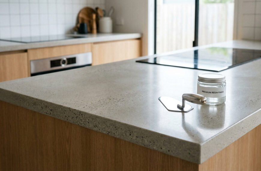 Pot de finition résine premium et truelle sur un plan de travail en béton clair d'une cuisine moderne. Pour rénovation et durabilité.