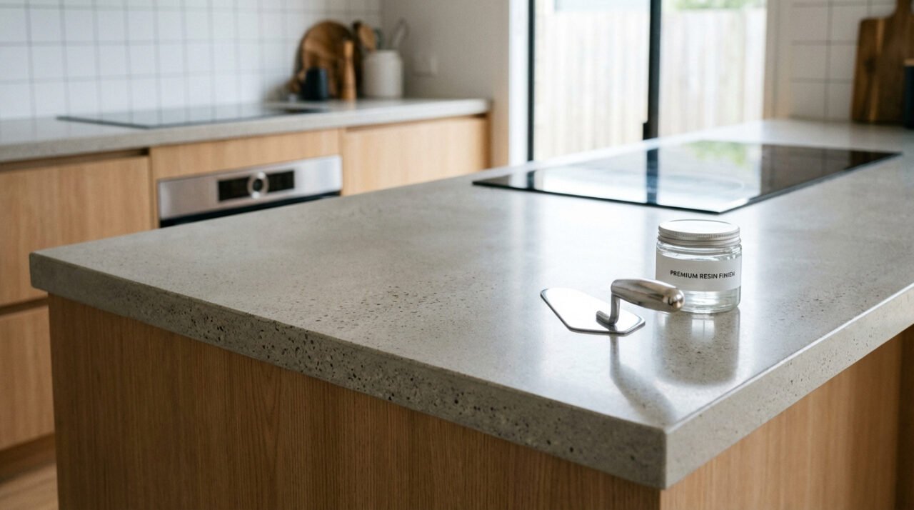 Pot de finition résine premium et truelle sur un plan de travail en béton clair d'une cuisine moderne. Pour rénovation et durabilité.