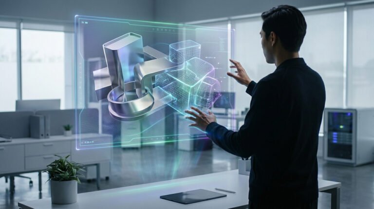 Un ingénieur manipule une interface holographique 3D d'une pièce mécanique dans un bureau moderne.