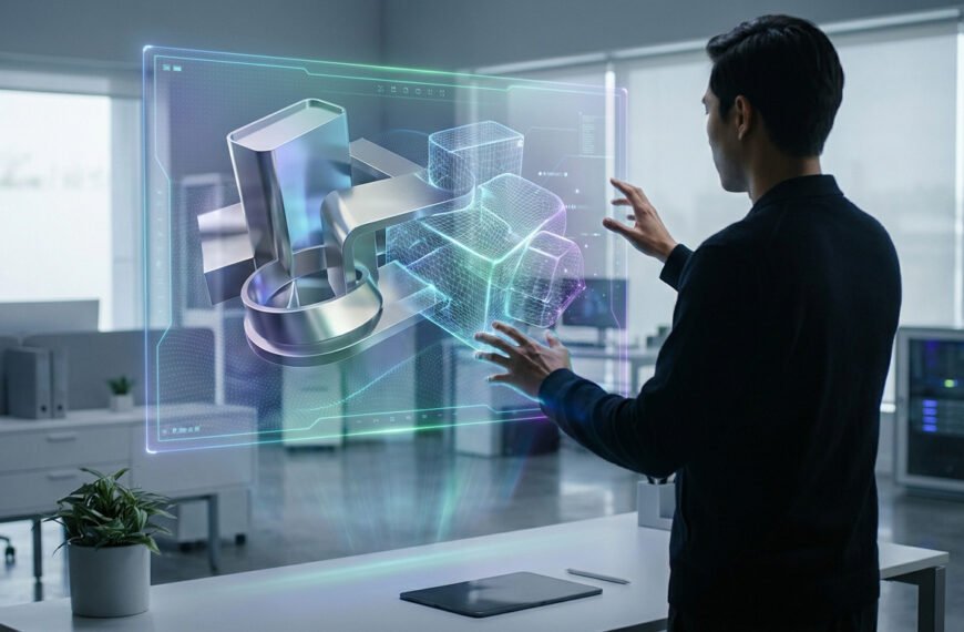Un ingénieur manipule une interface holographique 3D d'une pièce mécanique dans un bureau moderne.