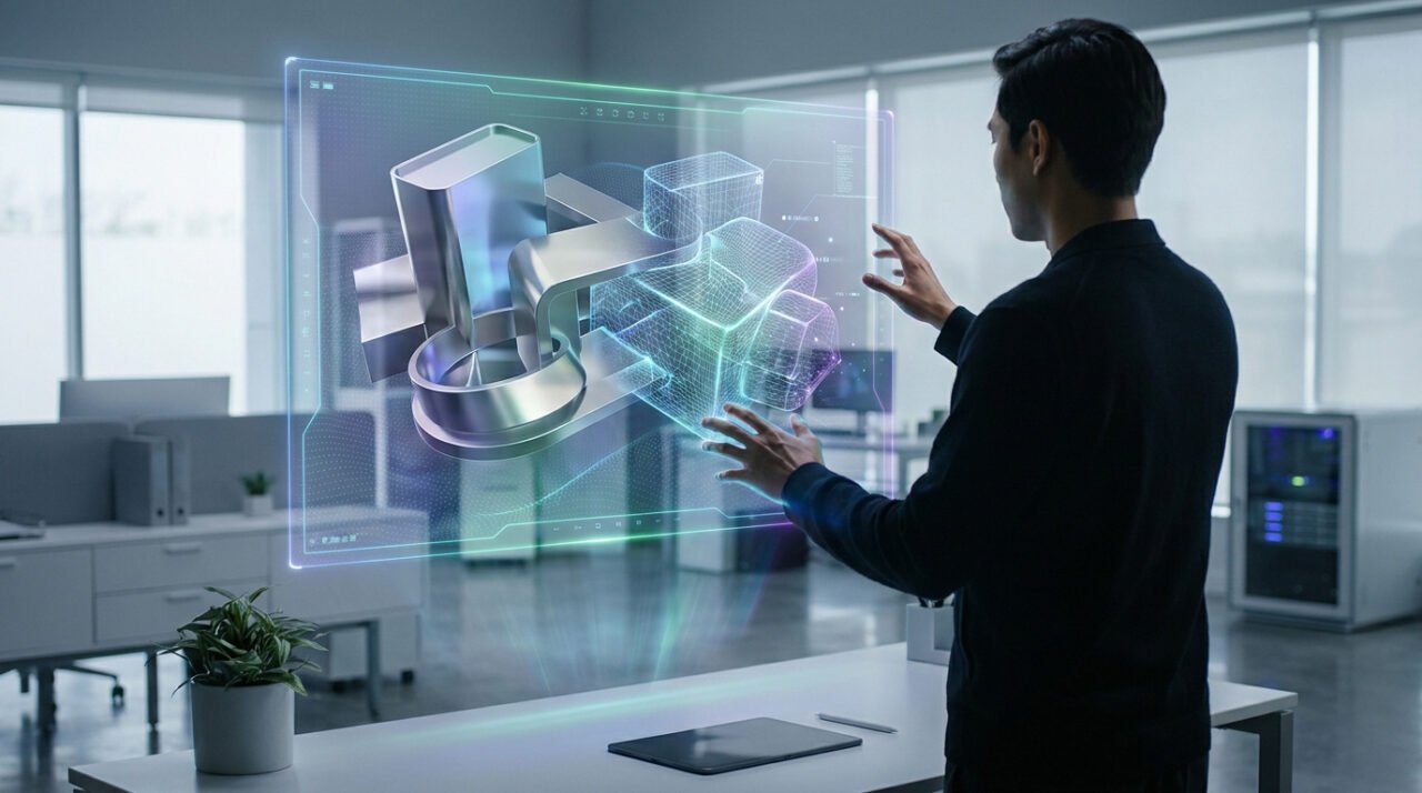 Un ingénieur manipule une interface holographique 3D d'une pièce mécanique dans un bureau moderne.