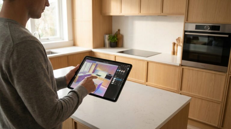 Homme visualisant un design de cuisine 3D sur tablette dans une cuisine moderne aux armoires en bois clair.