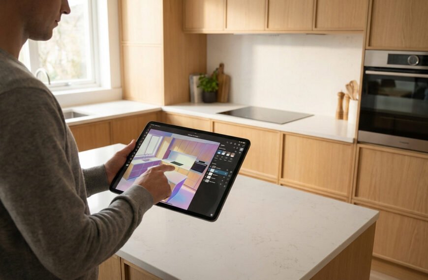 Homme visualisant un design de cuisine 3D sur tablette dans une cuisine moderne aux armoires en bois clair.