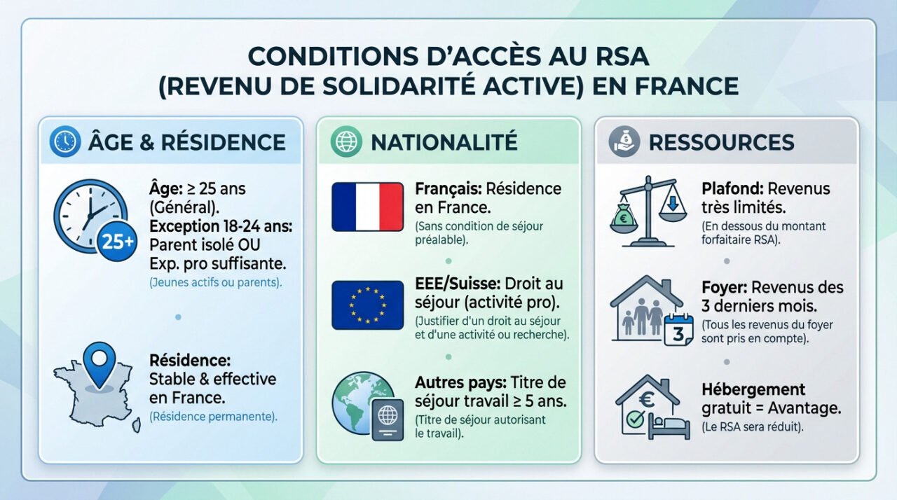 Illustration des conditions d'accès au RSA : âge, résidence et ressources financières