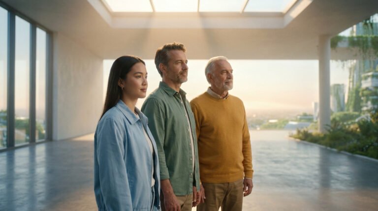 Trois personnes (jeune femme, homme d'âge moyen, homme âgé) regardant l'horizon dans un environnement moderne et lumineux.