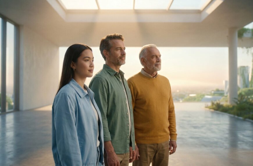 Trois personnes (jeune femme, homme d'âge moyen, homme âgé) regardant l'horizon dans un environnement moderne et lumineux.