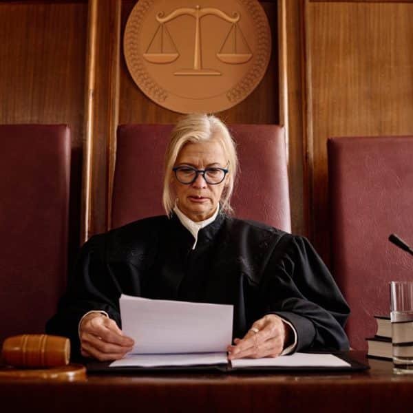 Un juge en robe noire est assis à un bureau et lit des documents. Un marteau, un verre d'eau et des livres se trouvent à proximité, tandis qu'un emblème de la balance de la justice est accroché au mur derrière lui.