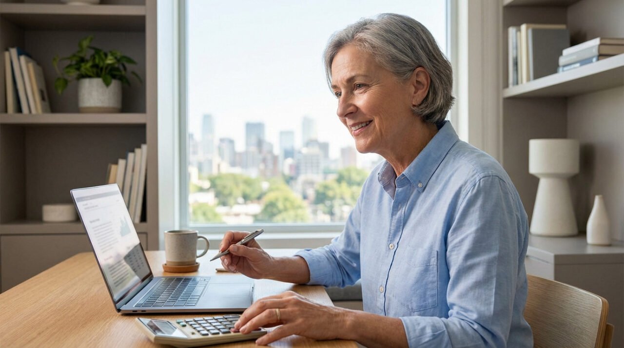 Smiling mature professional in blue shirt at modern desk with laptop, calculator, and city view window.