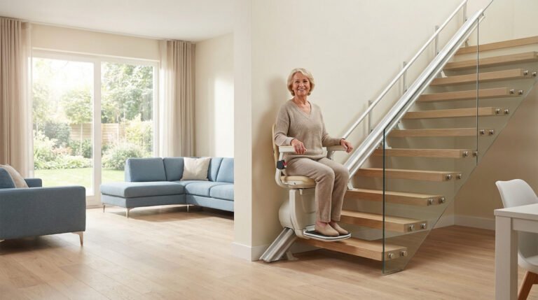 Femme âgée souriante sur un monte-escalier Stannah beige, au pied d'un escalier en bois et verre dans un salon lumineux.